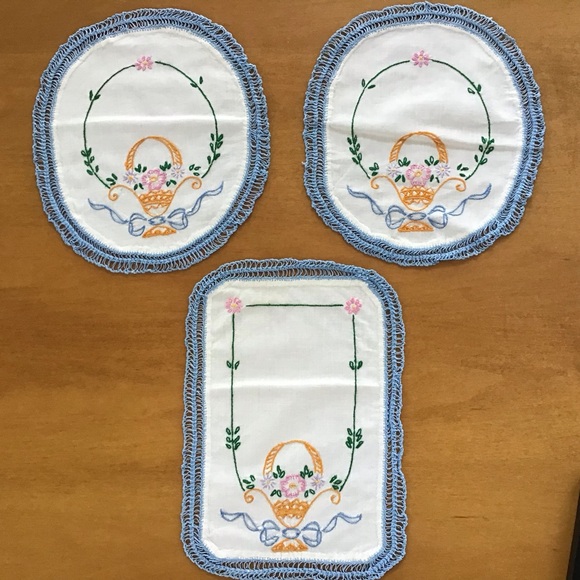 Vintage Other - Vintage Embroidered Linen Doilies with Blue Crochet Trim (Set of 3)